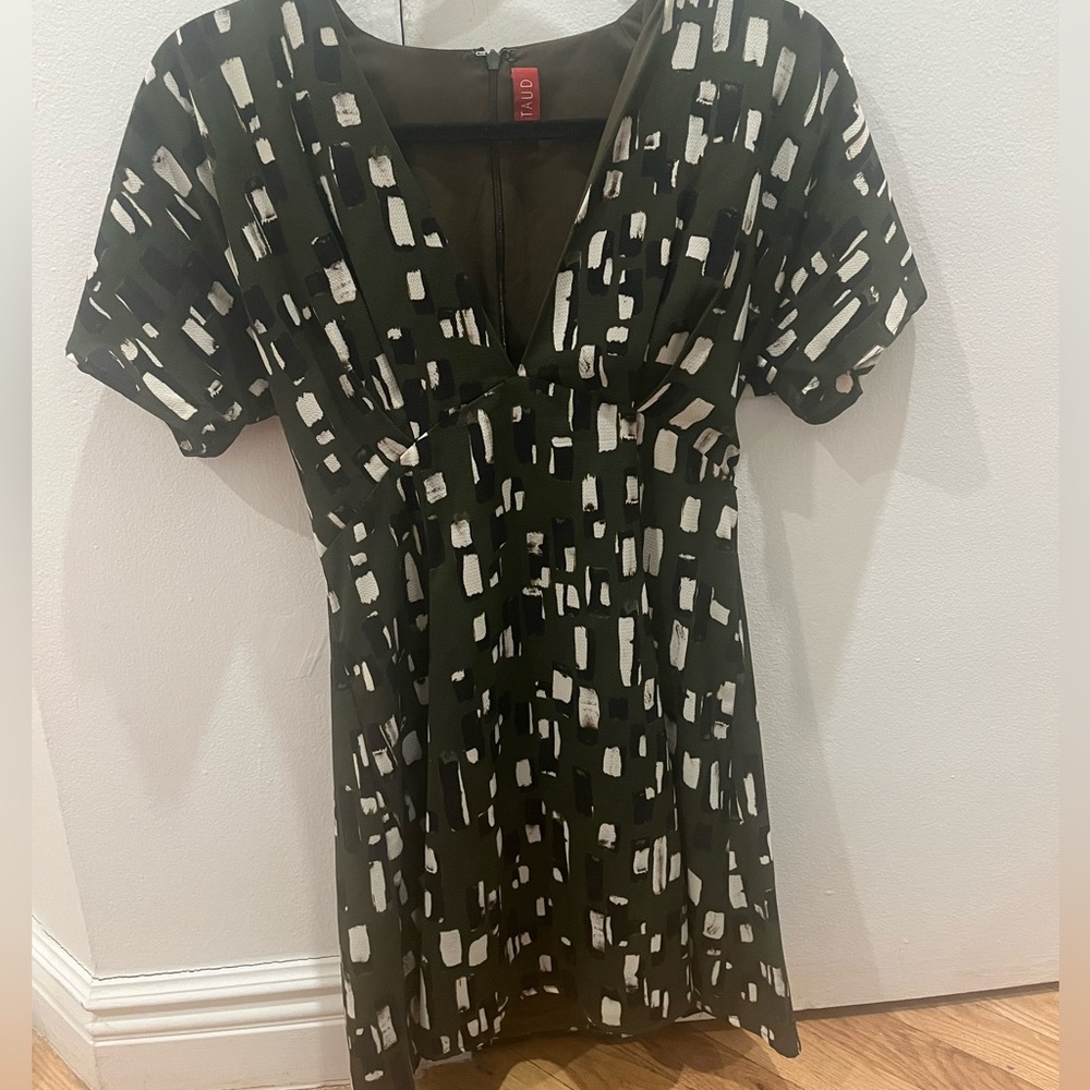 Staud green dress with white and black lines; size small